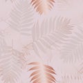 Seamless pattern with tropical leaves. Beige and golden palm leaves on the pink background. Seamless pattern.