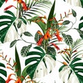 Tropical beautiful flowers pretty pattern. Seamless cute orange flowers and tropical palm leaves background.