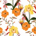 Orange yellow exotic pattern. Many kind of exotic tropical flowers in summer print. Royalty Free Stock Photo