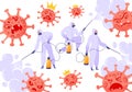 Flat cartoon characters in protective suits, respirators, glasses spray disinfectant against the evil coronavirus.