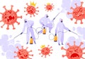 Flat cartoon characters in protective suits, respirators, glasses spray disinfectant against the evil coronavirus. Royalty Free Stock Photo