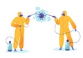 People characters in protective suits, respirator spray antibacterial liquid on the Covid19 virus