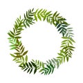 Wreath from flat leaf branches on white isolated background. Different shadows of green.