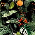 Tropical flowers with bright green leaves and crocosmia exotic orange flower seamless pattern.