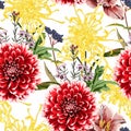 Autumn dahlia, chrysanthemum flowers, herbs and berries seamless pattern. White background. Royalty Free Stock Photo