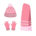 Set of winter clothes on white isolated background. Doodle woolen hat, scarf, gloves with simple wavy patterns.