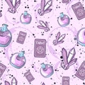 Purple occult seamless pattern with different magic objects. Repetitive background with tarot cards, liquid bottles and amethysts