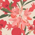 Seamless patterns with Rhododendron Oleander and pomegranate fruit with flowers and leaves in red and orange colors Royalty Free Stock Photo