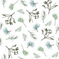 Christmas seamless pattern for greeting cards, wrapping papers. Christmas trees and herbs. Hand drawn winter background. Royalty Free Stock Photo