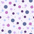 Geometric seamless pattern with pink and purple polka dots. Repetitive background with different shape of circles