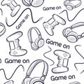 Geek seamless pattern with gamepads and headphones. Repetitive background with tech and hardware elements for gaming