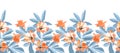 Vector floral seamless pattern, border. Orange, white flowers, blue branches and leaves