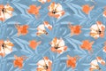 Vector floral seamless pattern. Orange, white flowers, blue leaves isolated on a blue background Royalty Free Stock Photo