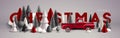 Xmas Horizontal composition made of red, white and grey wooden and glass Christmas trees and toy vintage car.