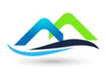 Mountain range travel water wave blue and green mount logo icon vector Royalty Free Stock Photo