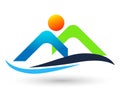 Mountain range travel sun orange water wave blue and green mount logo icon vector Royalty Free Stock Photo