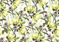 Vector floral seamless pattern. Yellow flowers, green leaves isolated on a white background. Royalty Free Stock Photo
