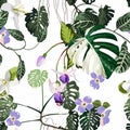 Tropical violet flowers and tropical leaves, light background. Seamless pattern. Jungle foliage illustration. Exotic plants.