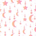 Minimalistic celestial seamless pattern with moons and stars with circles on top. Repetitive background with pink gradient. Royalty Free Stock Photo