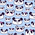 Panda heads seamless pattern for kids clothing. Repetitive background with black and white asian bears with pink ribbons