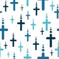 Simple seamless pattern with blue crosses. Religious and spiritual repetitive background. Vector art with crucifix