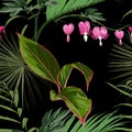 Seamless background from a flowers ornament and exotic tropical leaves, fashionable modern wallpaper or textile.