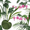 Seamless background from a flowers ornament and exotic tropical leaves, fashionable modern wallpaper or textile.