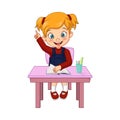 Happy cute little student girl raising her hand Royalty Free Stock Photo