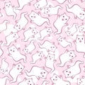 Kawaii seamless pattern with ghost cats for kids and babies. Repetitive background with floating kitties for Halloween.