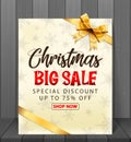 Christmas sale background with red realistic ribbon banner and gift boxes.Vector Royalty Free Stock Photo