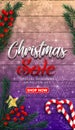 Christmas sale background with red realistic ribbon banner and gift boxes.Vector Royalty Free Stock Photo