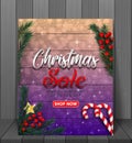 Christmas sale background with red realistic ribbon banner and gift boxes. Royalty Free Stock Photo
