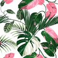 Tropic summer painting seamless pattern with exotic pink green liana branch and tropical leaves.