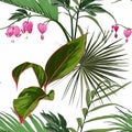 Seamless background from a flowers ornament and exotic tropical leaves, fashionable modern wallpaper.