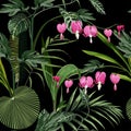 Seamless background from a flowers ornament and exotic tropical leaves, fashionable modern wallpaper.