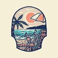 Summer beach t-shirt graphic design, hand drawn line style with digital color