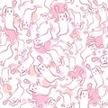 Pink seamless pattern with pink rabbits for kids. Repetitive background with rabbit spirits with different facial expressions. Kaw