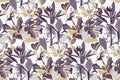 Vector floral seamless pattern. Beige, grey, purple flowers and leaves. Royalty Free Stock Photo