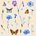Set of spring flowers and butterfly elements. Set of stickers, pins, patches and handwritten notes collection stickers kit.