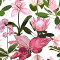 Exotic flowers pattern. Many kind of exotic tropical flowers and pink leaves in summer print. Hawaiian t-shirt and swimwear tile.