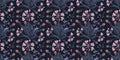 Vector floral seamless pattern. Pink, purple flowers and leaves. Royalty Free Stock Photo