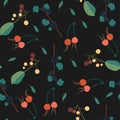 Floral seamless pattern with abstract herbs and berries. Black background.