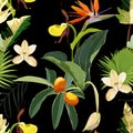 Tropical leaves with strelitzia flowers. Seamless design with amazing palant with flowers. Royalty Free Stock Photo