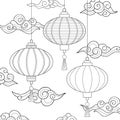 Line drawn Asian lanterns with simple geometric patterns, decorative clouds and sky on white isolate background. Royalty Free Stock Photo