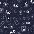 Seamless pattern with chemistry elements and sketches. Repetitive background with test tubes, formulas, elements and atoms.