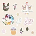 Set of Easter gift stickers  scrapbooking elements  labels  badges with cute hen and flowers. Royalty Free Stock Photo