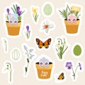 Set of Easter gift stickers  scrapbooking elements  labels  badges with cute bunnies and flowers. Royalty Free Stock Photo