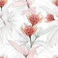 Seamless tropical protea flowers and Ficus Elastica pattern with golden leaves on light background. Royalty Free Stock Photo