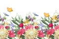 Vector floral seamless border. Summer flowers  green leaves. Chicory  mallow  gaillardia  marigold  oxeye daisy  peony. Royalty Free Stock Photo