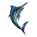 Blue marlin fish hand drawn line style with digital color